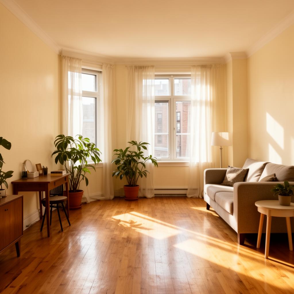 Sunlit Montreal apartment interior with hardwood floors